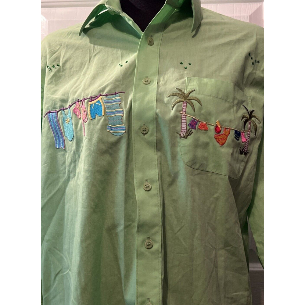 Infinity Fashions Womens Lime Green Button Down Shirt Palm Tree Embroidery Small